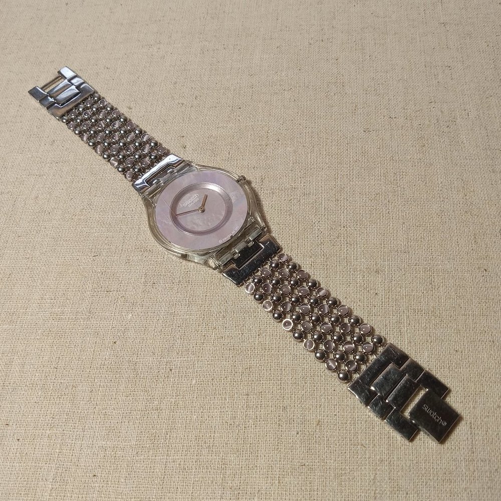 Vintage 1999 Swatch Womens Watch- Paved in Silver Mother of Pearl